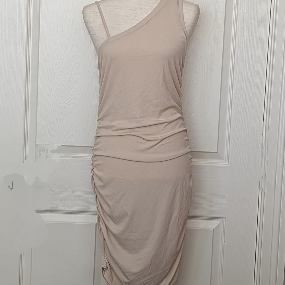 Women's One Shoulder Ruched Ribbed Midi Dress